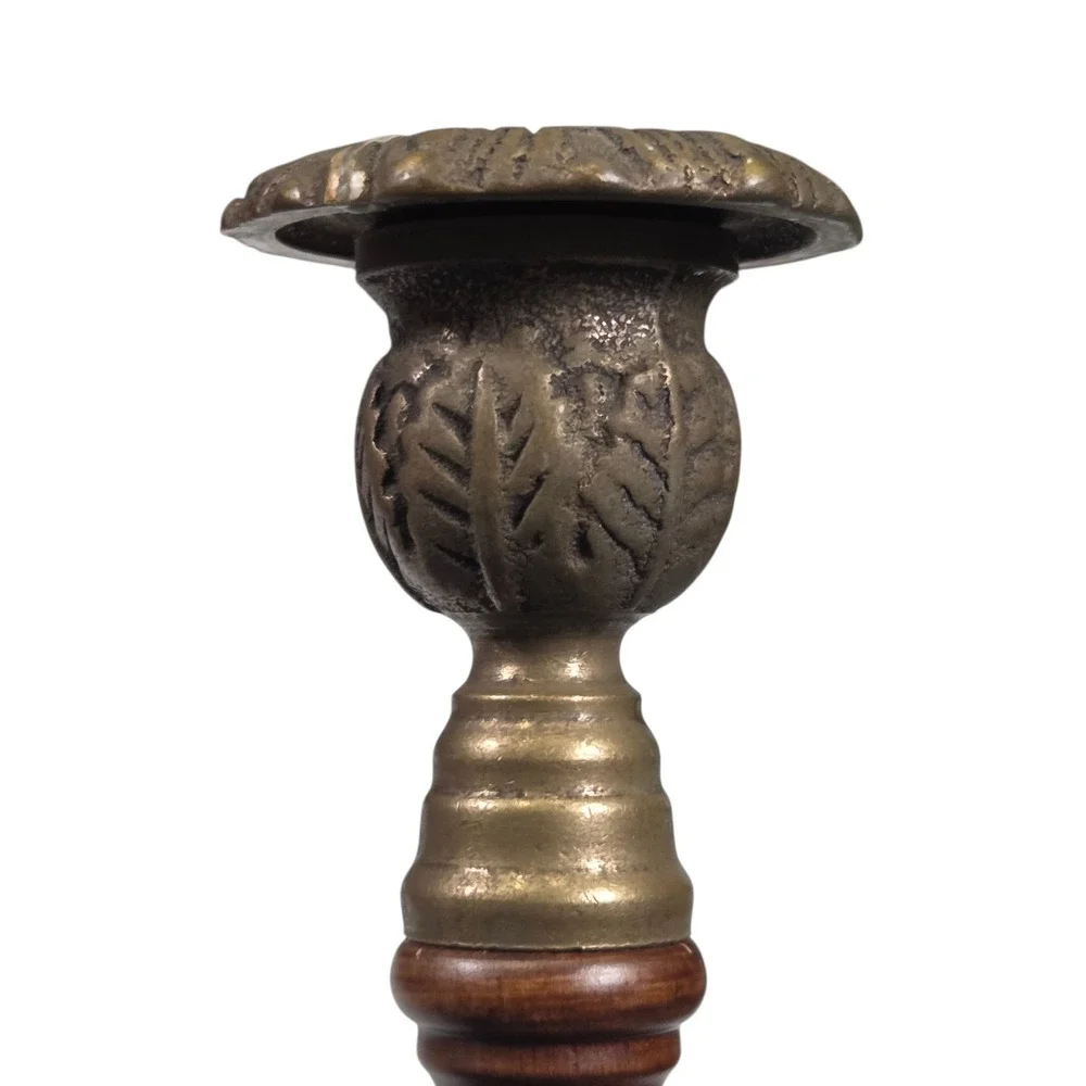 Antique English Oak Wood Candlestick‎ Holders Brass Open Barley Twist